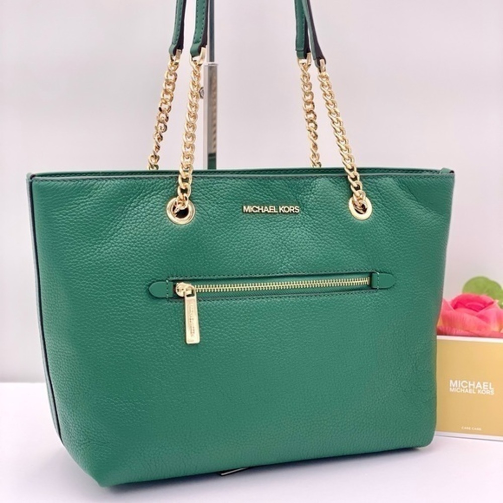 Michael Kors Medium Front Zip
Chain Tote Bag Leather JEWEL GREEN